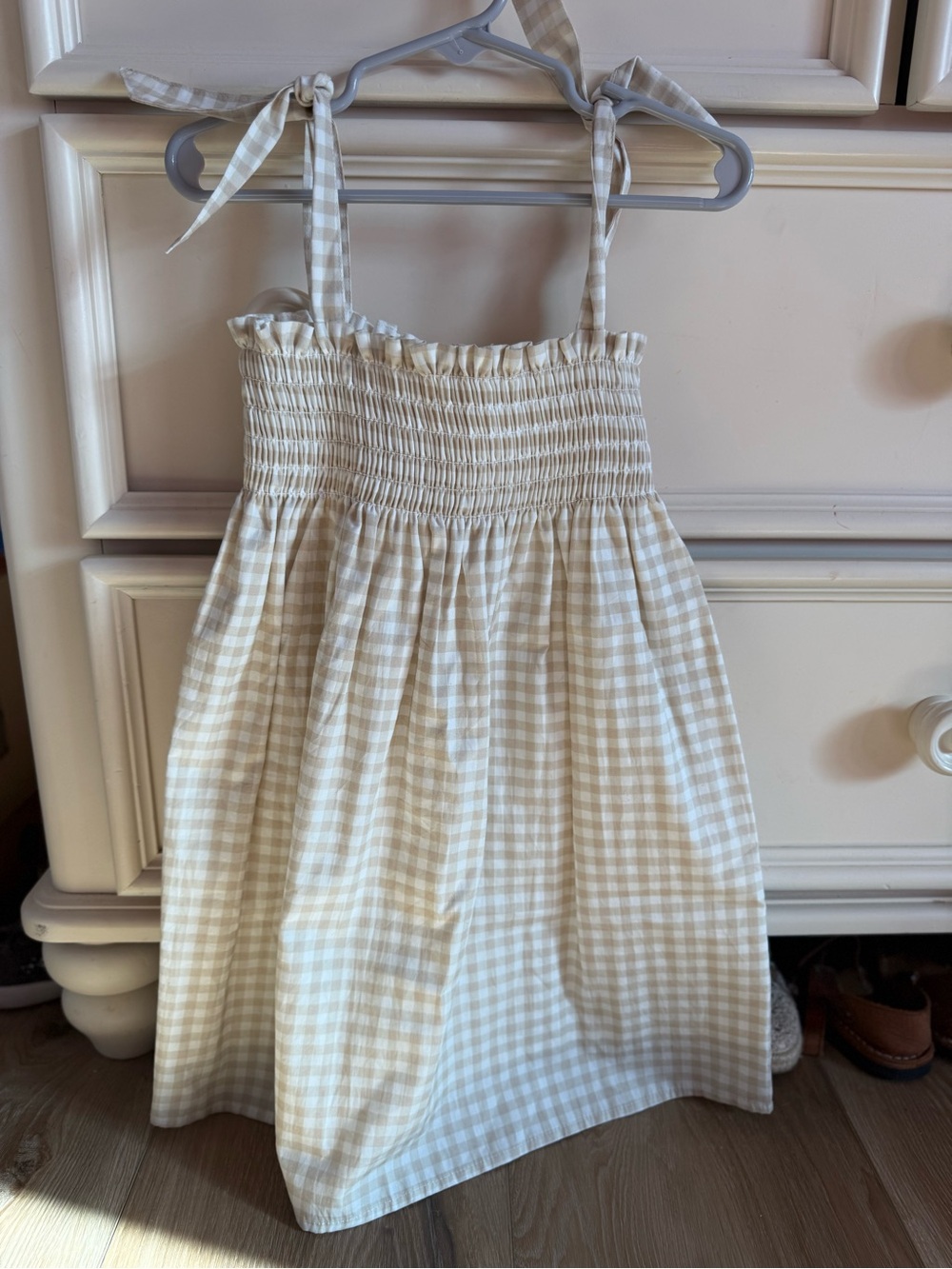Smocked Gingham Tie-Shoulder Sundress in Beige for Girls